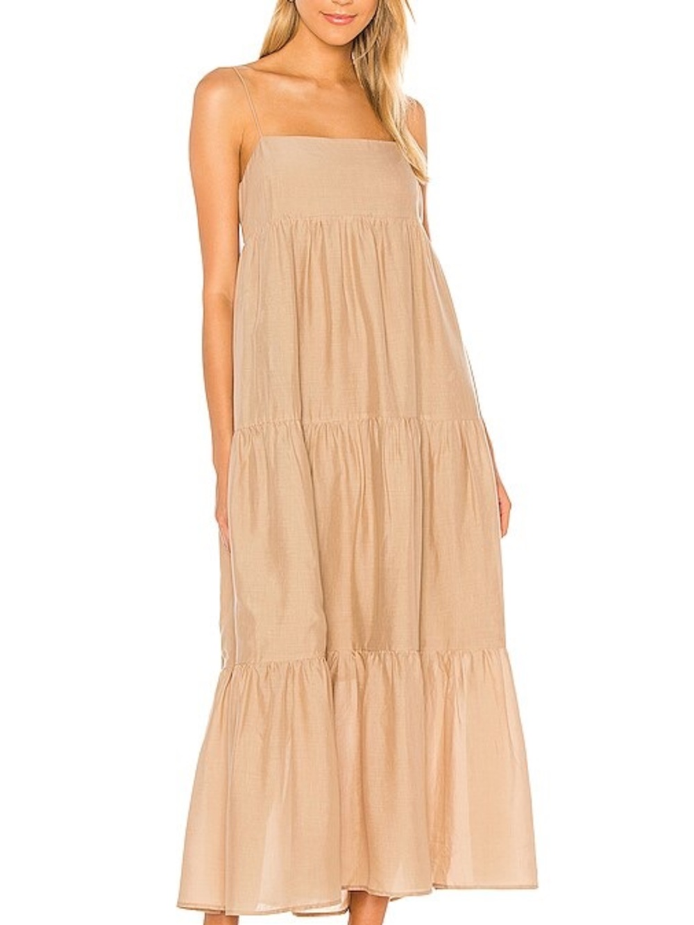 L'Academie Beige Tiered Spaghetti-Strap Maxi Dress